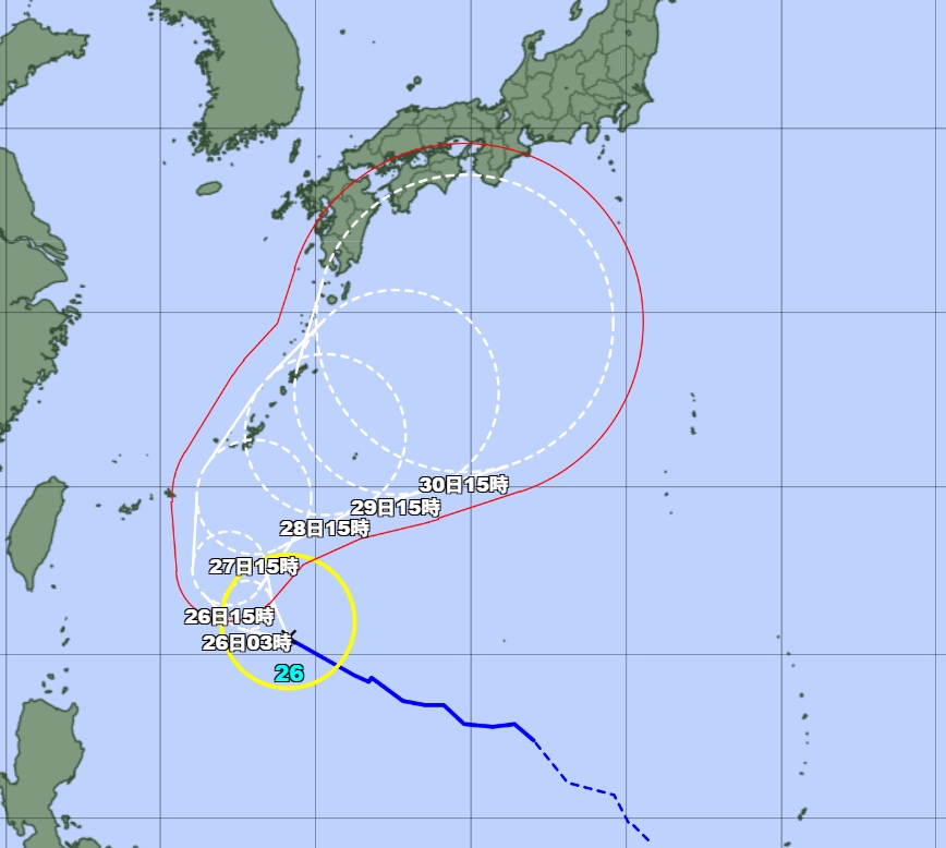 台風第26号の進路予報（25日午後３時発表）